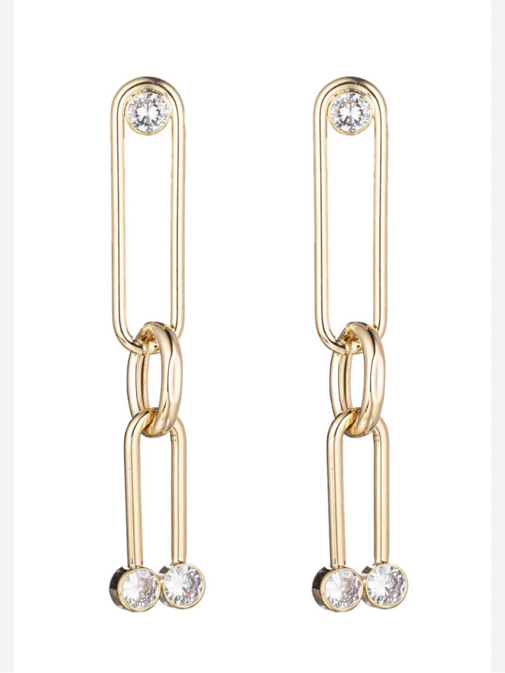 Ettika gold-plated paperclip dangle earrings U-shaped link design w/crystals